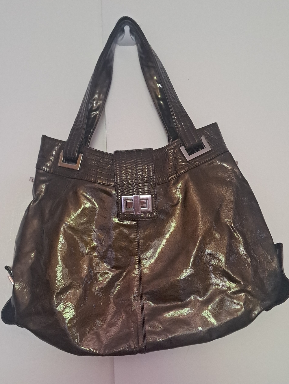 Kooba Natasha Green Metallic Patent  Shoulder Bag with Turn-Lock Accent